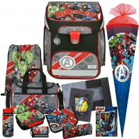 Scooli Avengers EasyFit Schulranzen-Set 12tlg. mit Sporttasche, Schultuete, Brustbeutel, Heftmappe, Schreibset, Brotdose und Trinkflasche